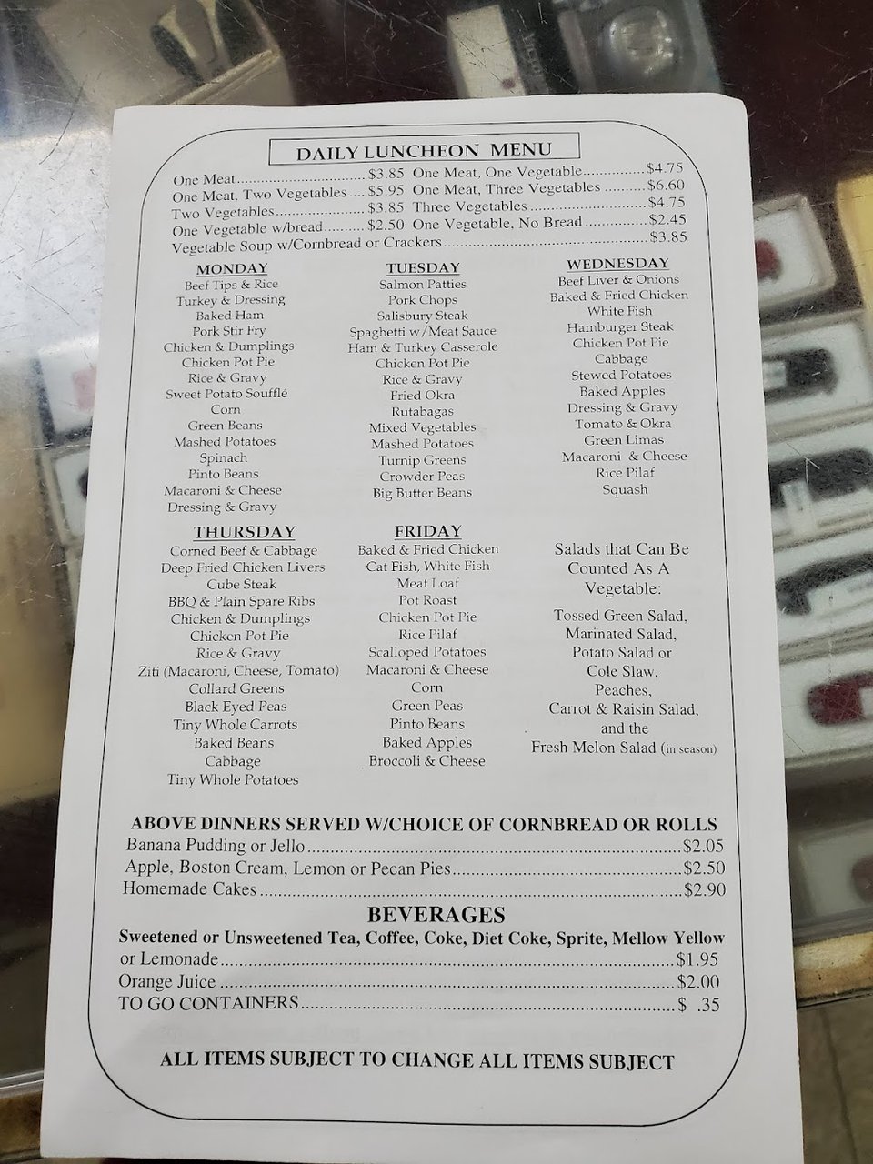 Simple menu layout with a few sections.